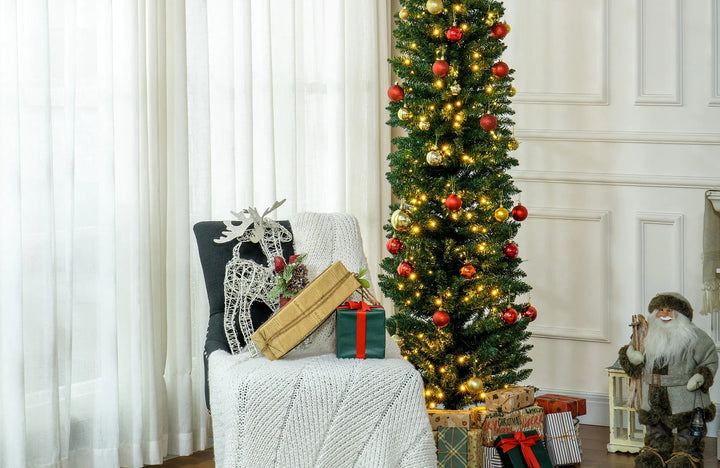 Tall green pencil tree with warm lights