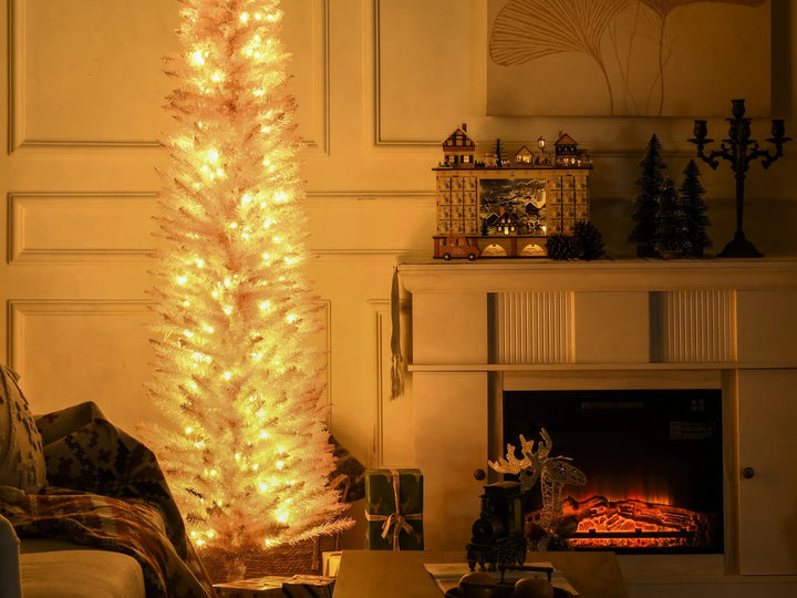 Tall pink pencil tree with warm lights