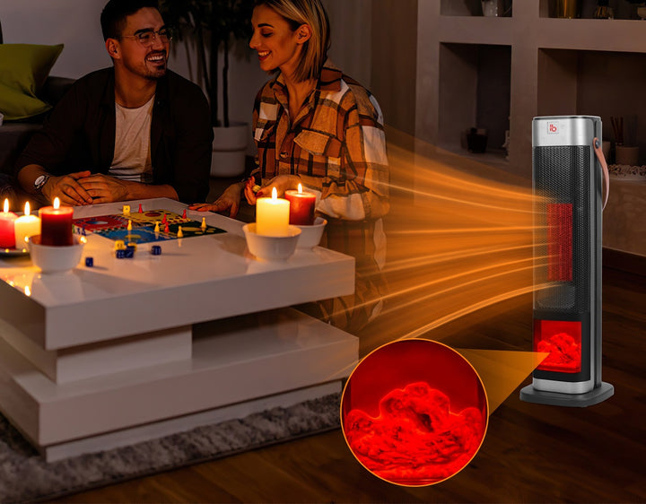 black ceramic tower heater with flame effect and leather strap