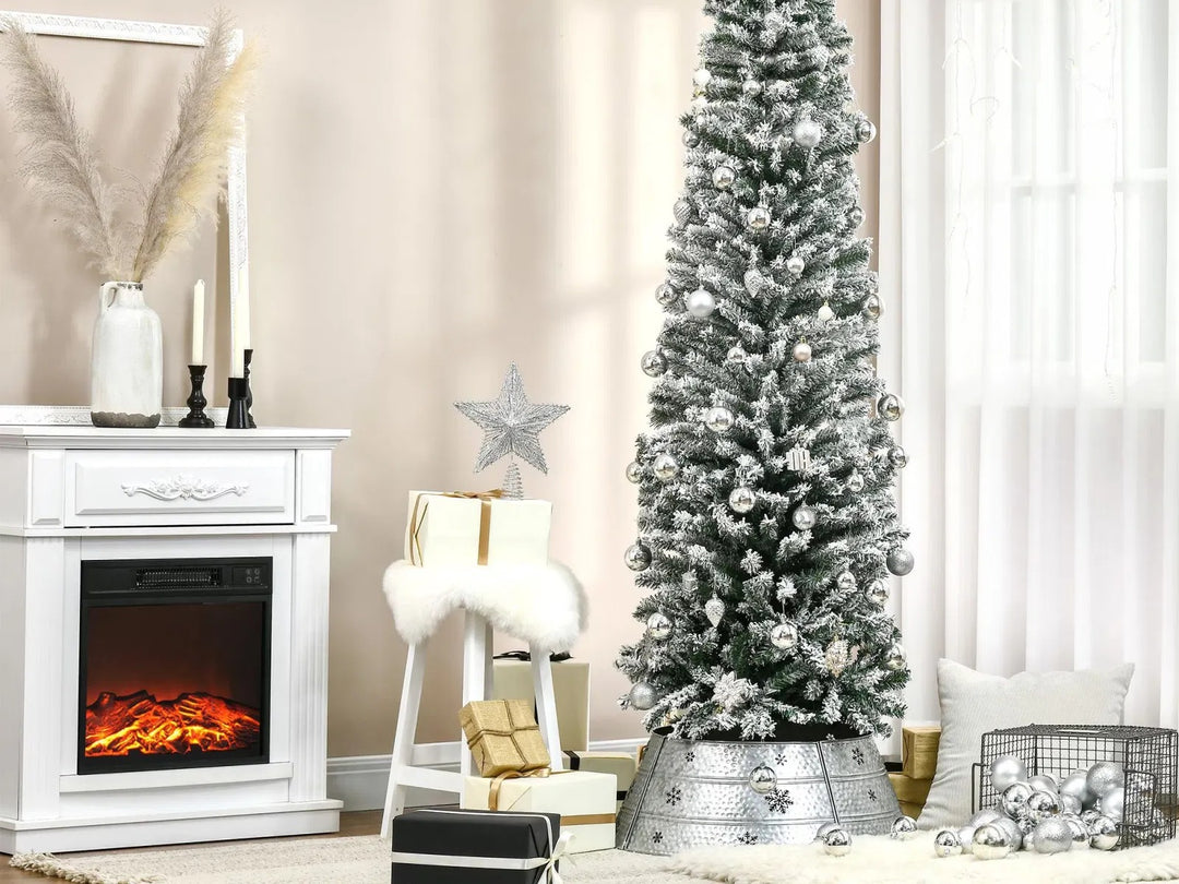 Tall slim snow-flocked tree, unlit