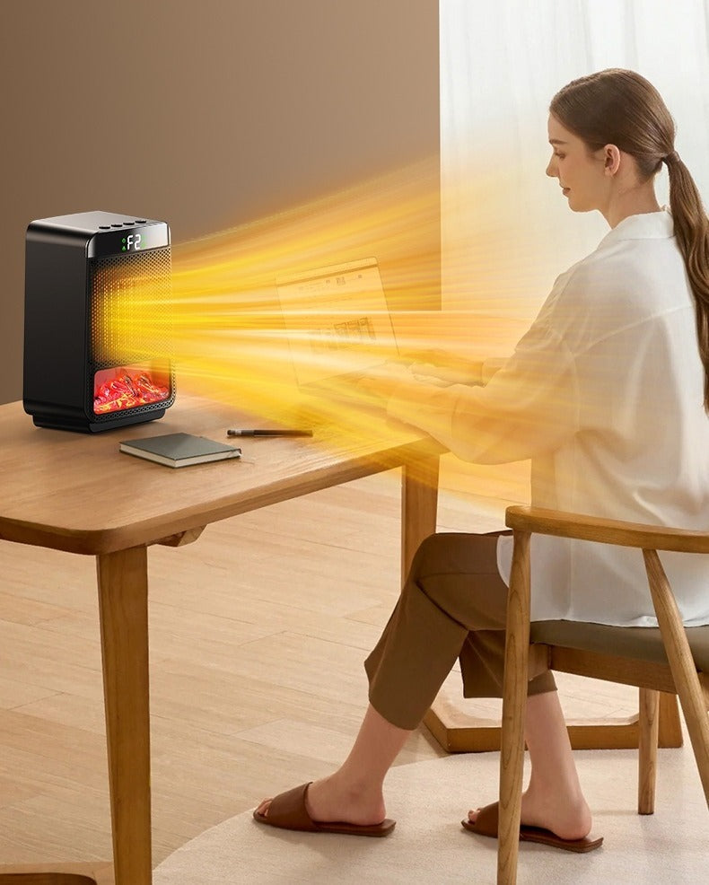Black fan heater with glowing flame effect