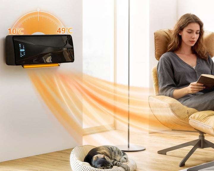black wall-mounted ceramic fan heater with remote