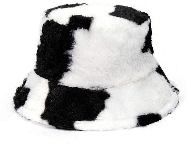 Fluffy cow print faux fur bucket hat
