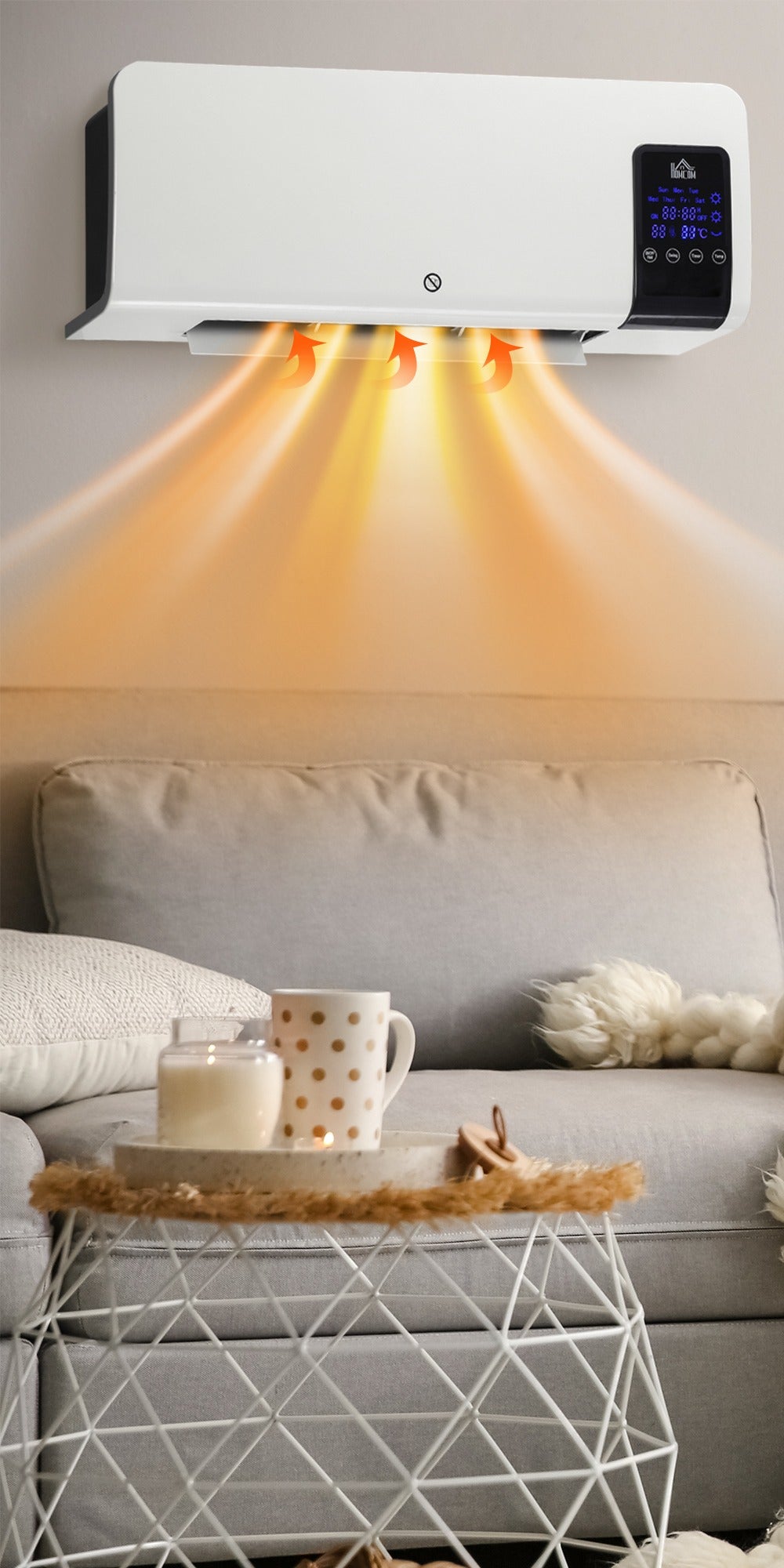 white wall-mounted ceramic fan heater with remote