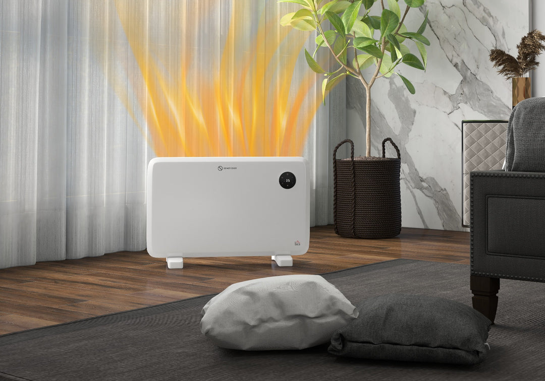 white slim panel heater on feet with LED display