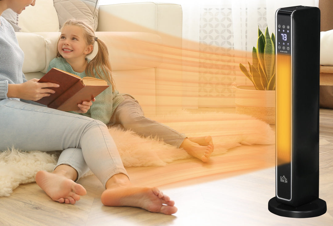 black oscillating tower fan heater with remote
