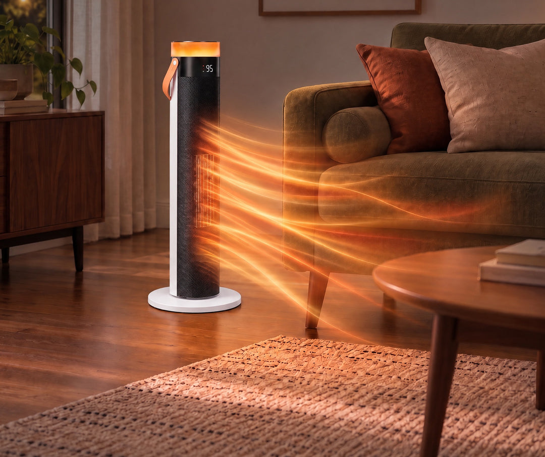 white ceramic tower heater with LED ring light