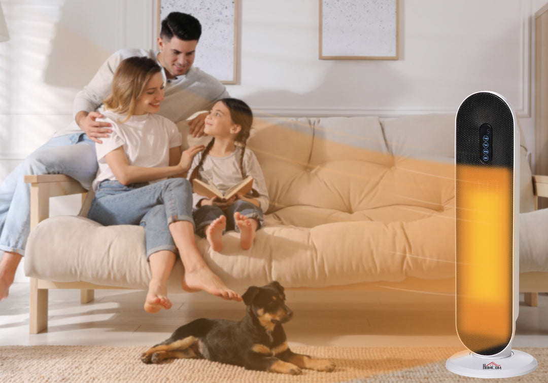 white oscillating ceramic tower heater with remote