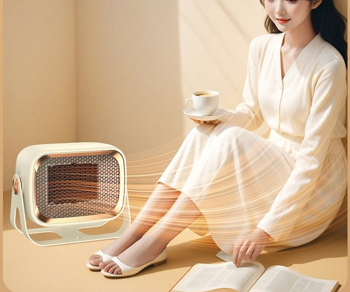 White compact desk fan heater with tilting head