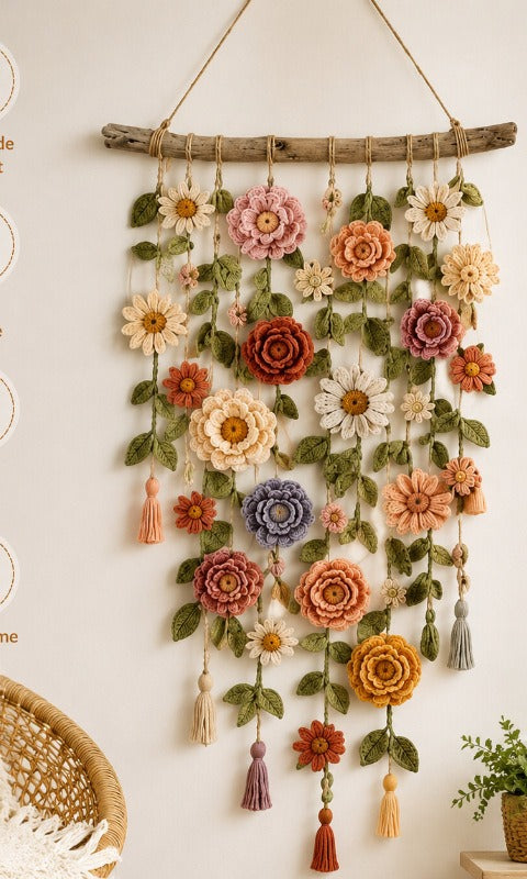Boho flower wall hanging on wooden branch
