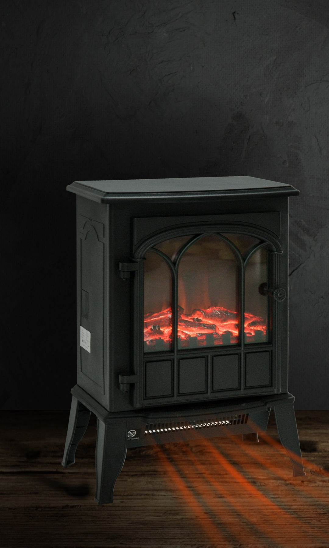 black electric stove with glowing LED charcoal flames