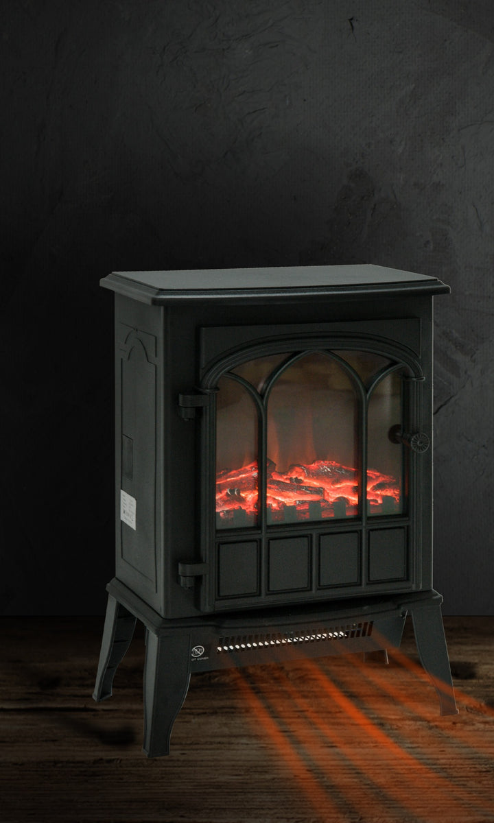 black electric stove with glowing LED charcoal flames