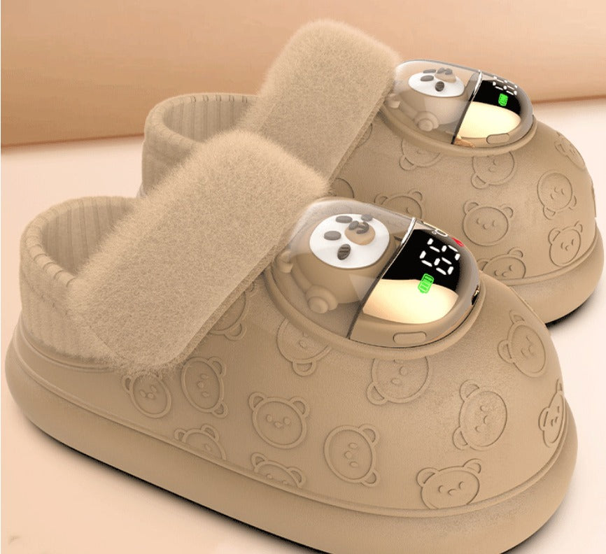 Beige rechargeable heated slippers with display