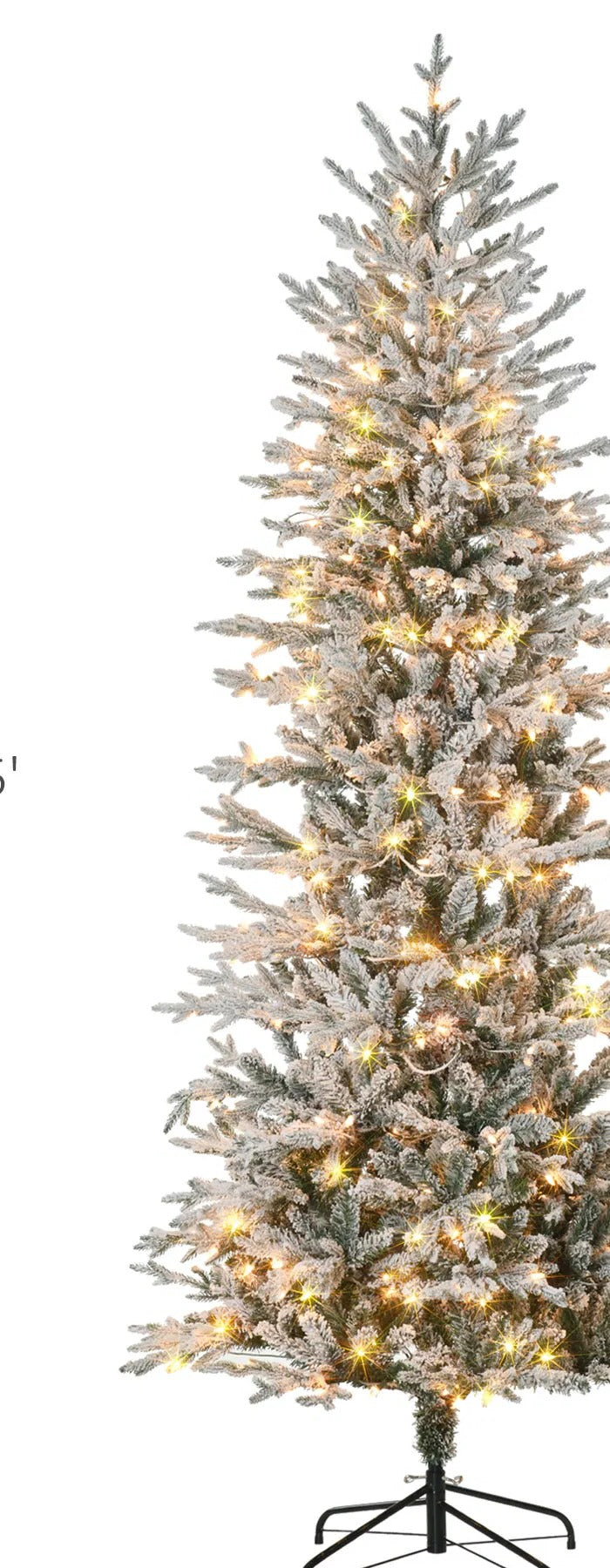 Tall snow-flocked tree with clear lights