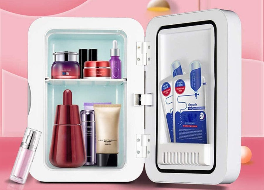 White mini skincare fridge with mirror