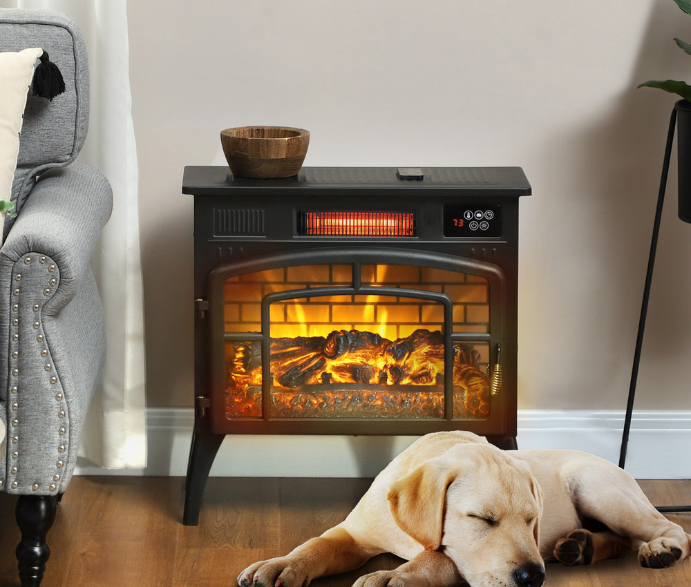 three-sided electric stove with brick back and orange flames