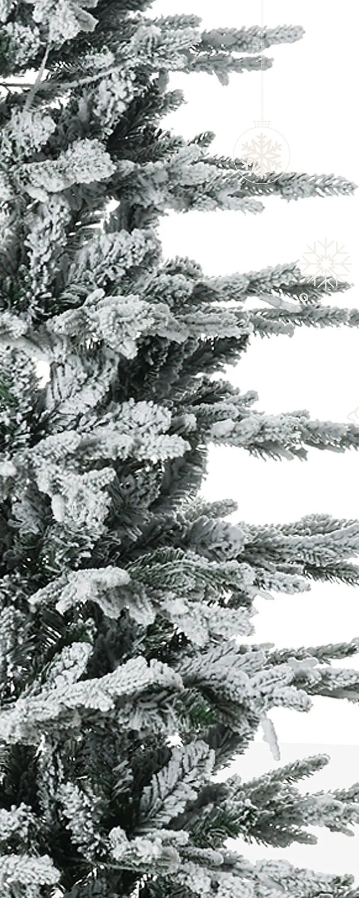Tall snow-flocked tree with clear lights
