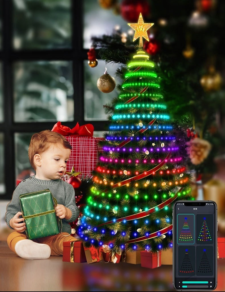 Christmas tree covered in colourful LED light strands