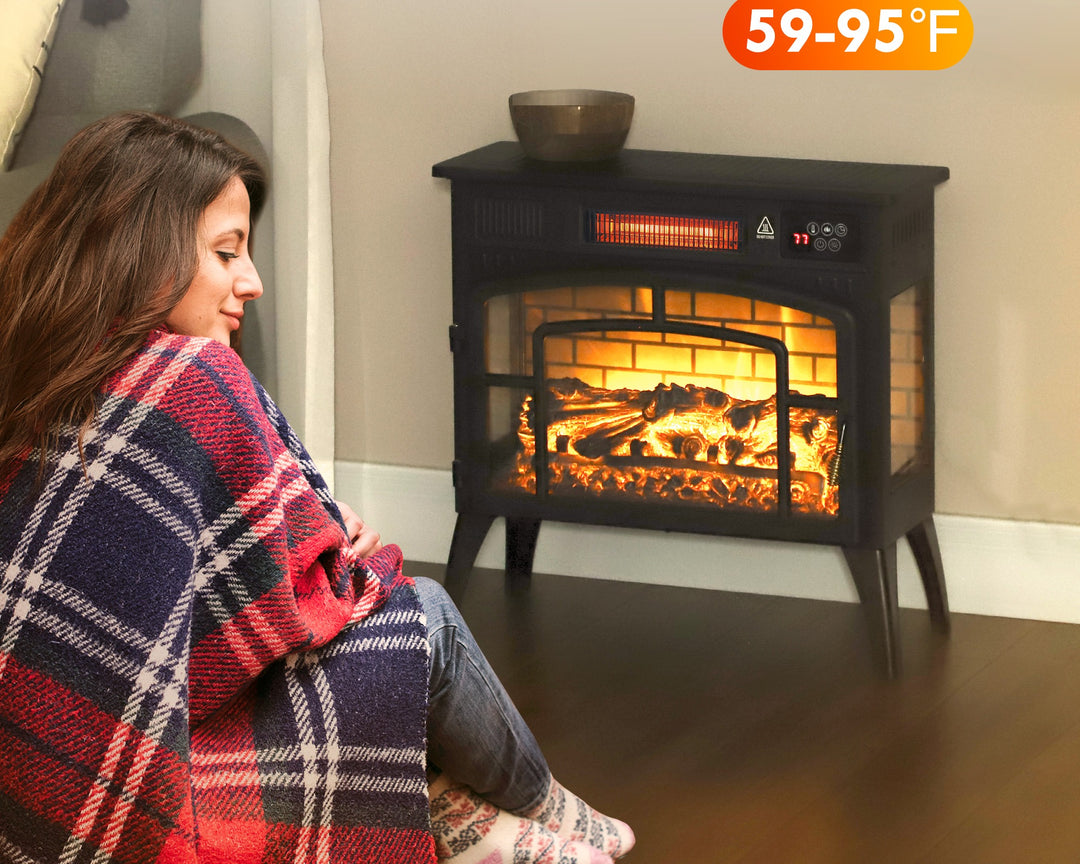 three-sided electric stove with brick back and orange flames