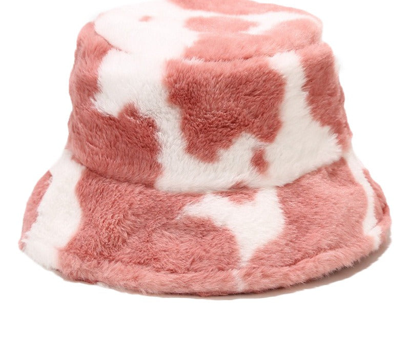 Fluffy cow print faux fur bucket hat