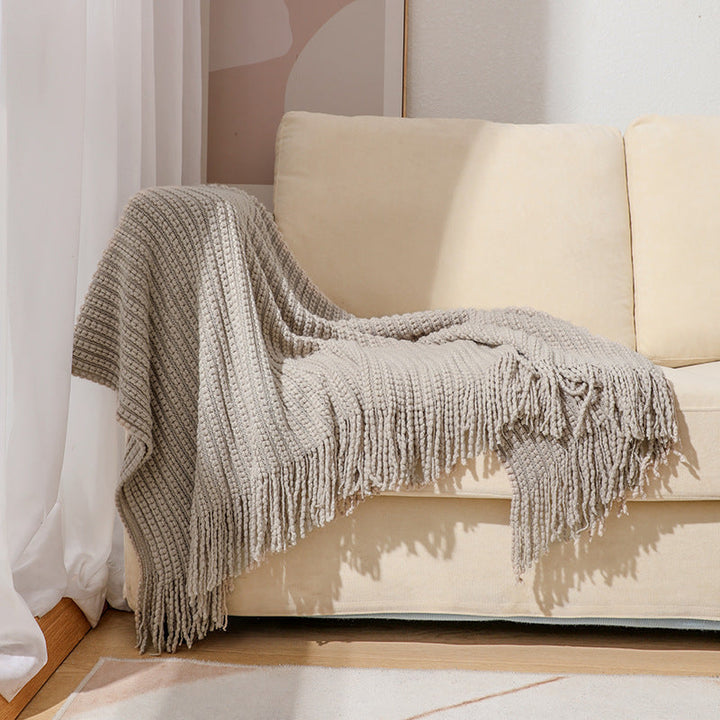 Textured Fringe Knit Throw Blanket