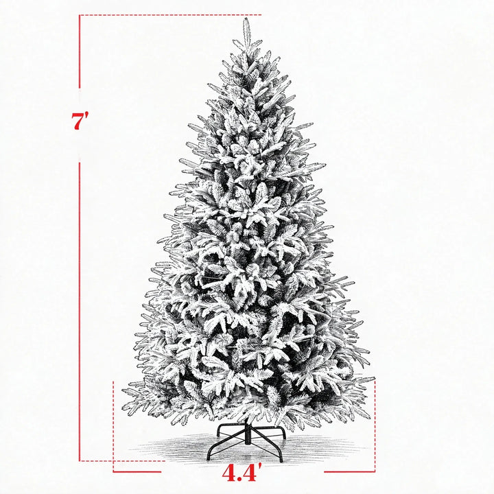 Full snow-flocked tree with warm LEDs