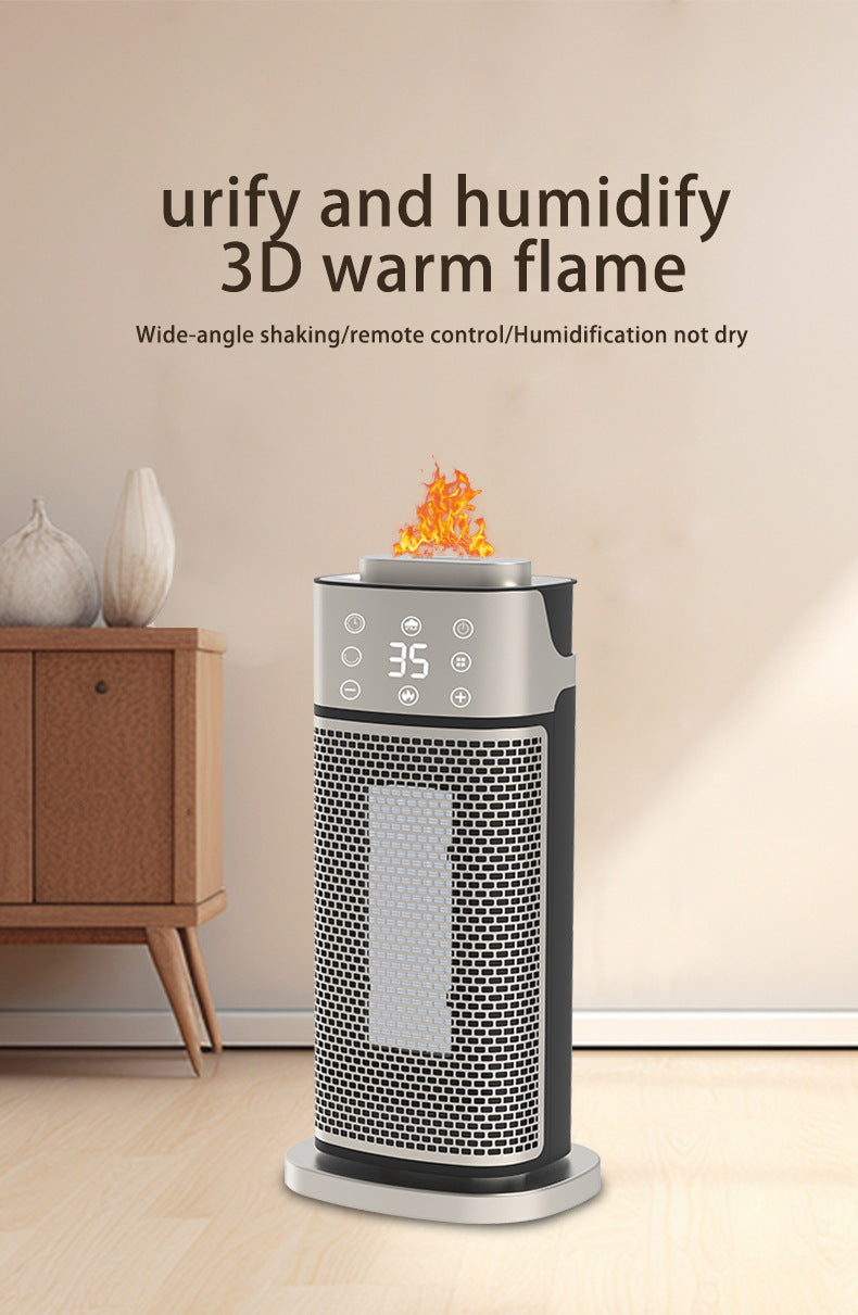 Silver tower heater with flame-effect humidifier