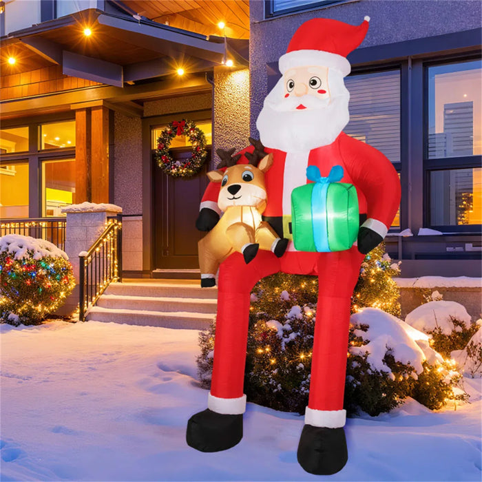 Snugleigh Inflatable Sitting Santa with Reindeer and Gift Box, 9.5ft
