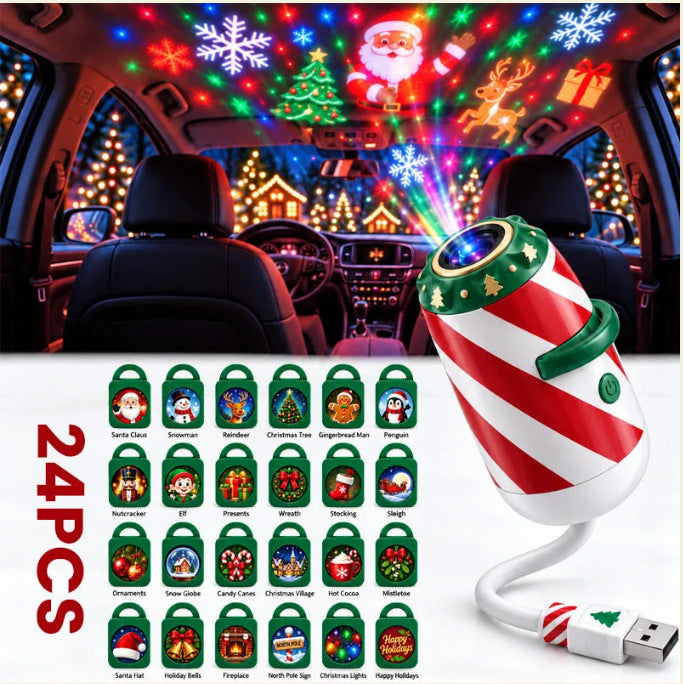 Candy-cane projector lighting car roof with Santa