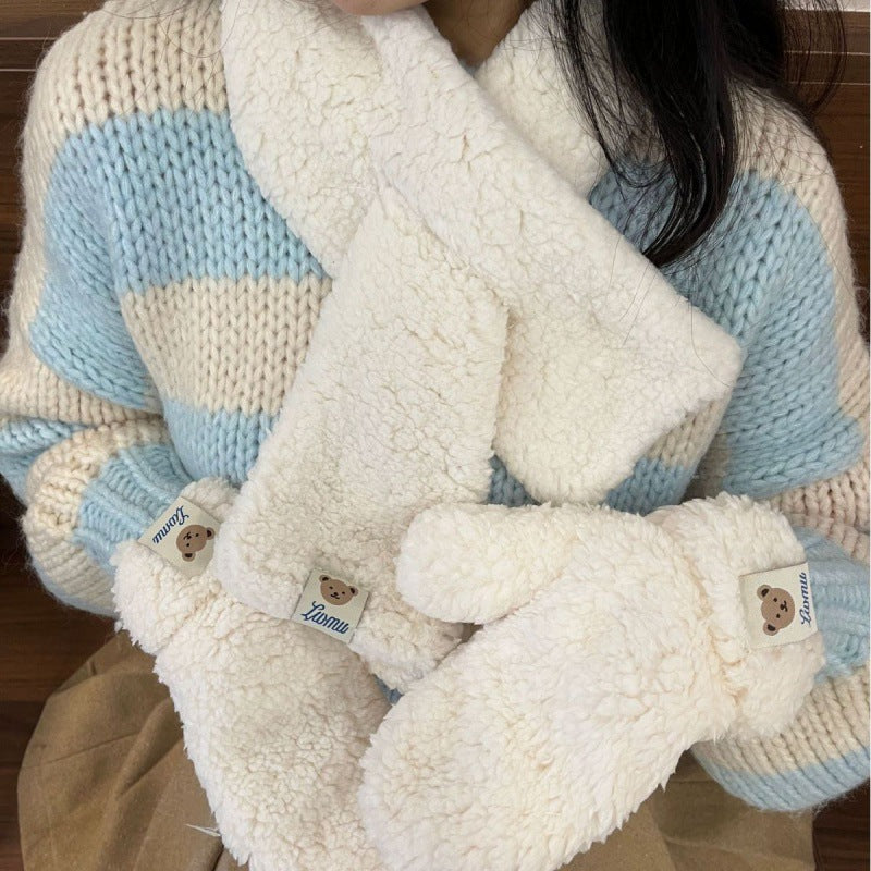 Beige teddy mittens and scarf set