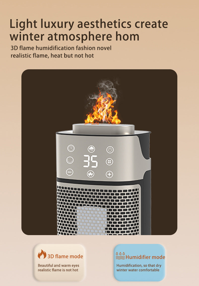 Silver tower heater with flame-effect humidifier