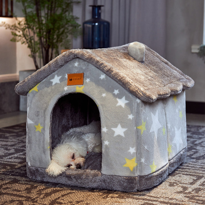 Foldable Dog House Bed With Warm Enclosed Cave Design