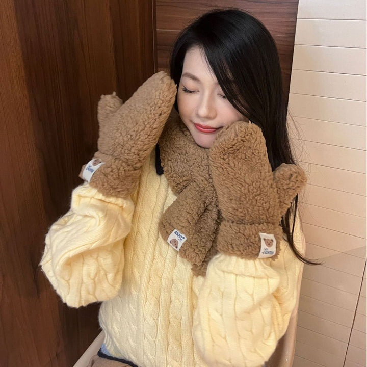 Beige teddy mittens and scarf set