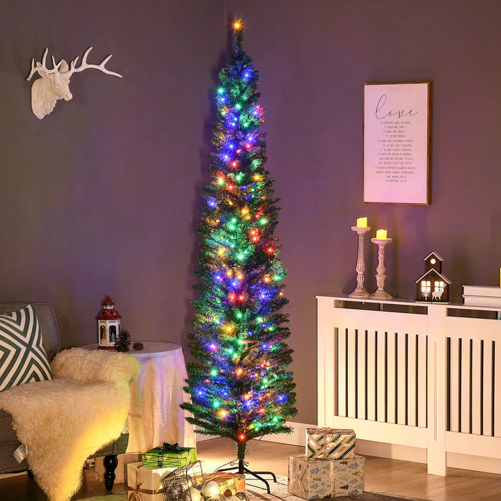 Slim green tree with multicolour lights