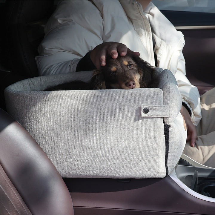 Small dog in armrest car seat