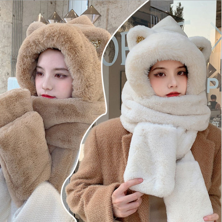 Woman wearing white plush hood with ears