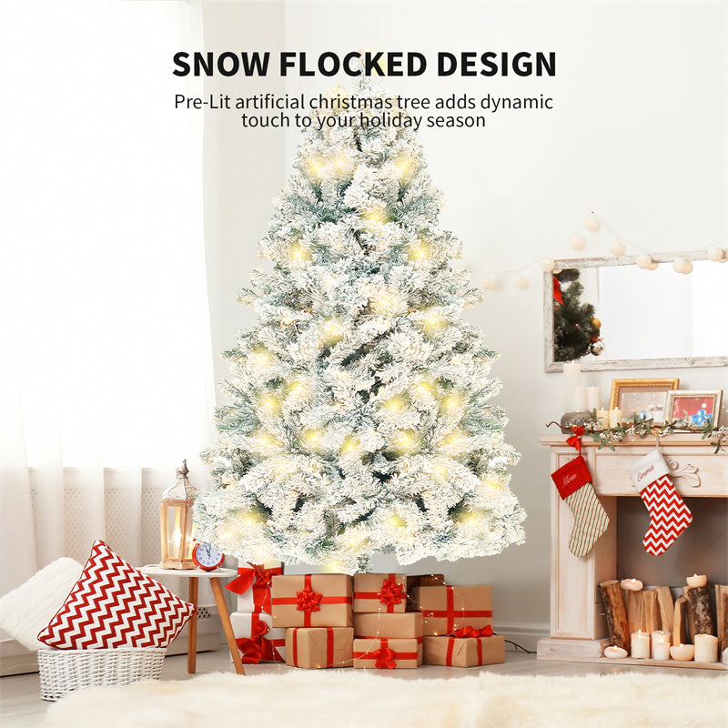Snow-flocked Christmas tree with warm-white lights