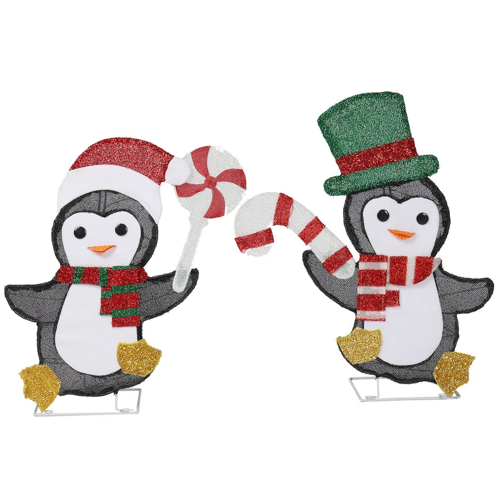 Two light-up Christmas penguins with candy canes