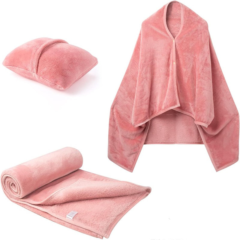Blue fleece blanket shawl folded into cushion