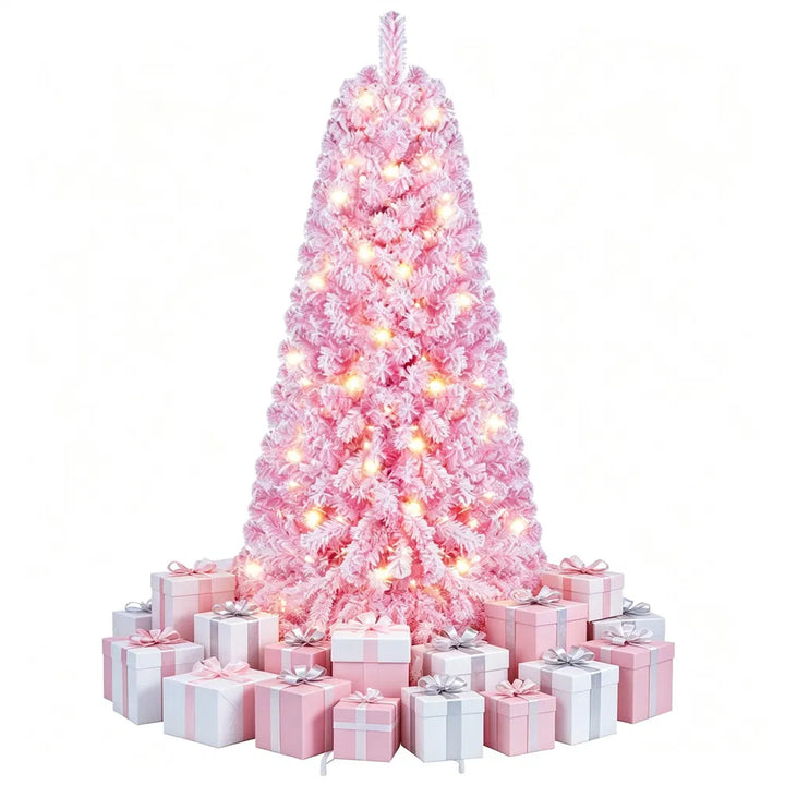 Small pink flocked tree with warm lights