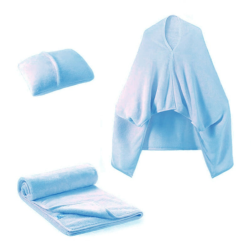 Blue fleece blanket shawl folded into cushion
