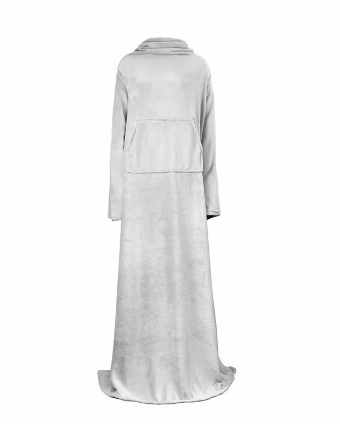 Person wearing a long sleeved fleece blanket