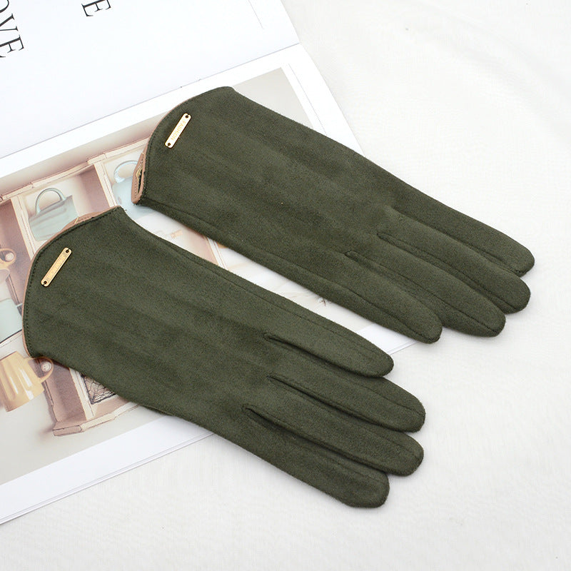 Camel faux suede gloves with gold bar detail