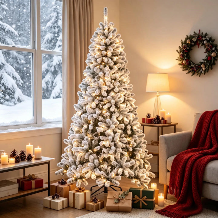 Tall flocked Northern pine with lights