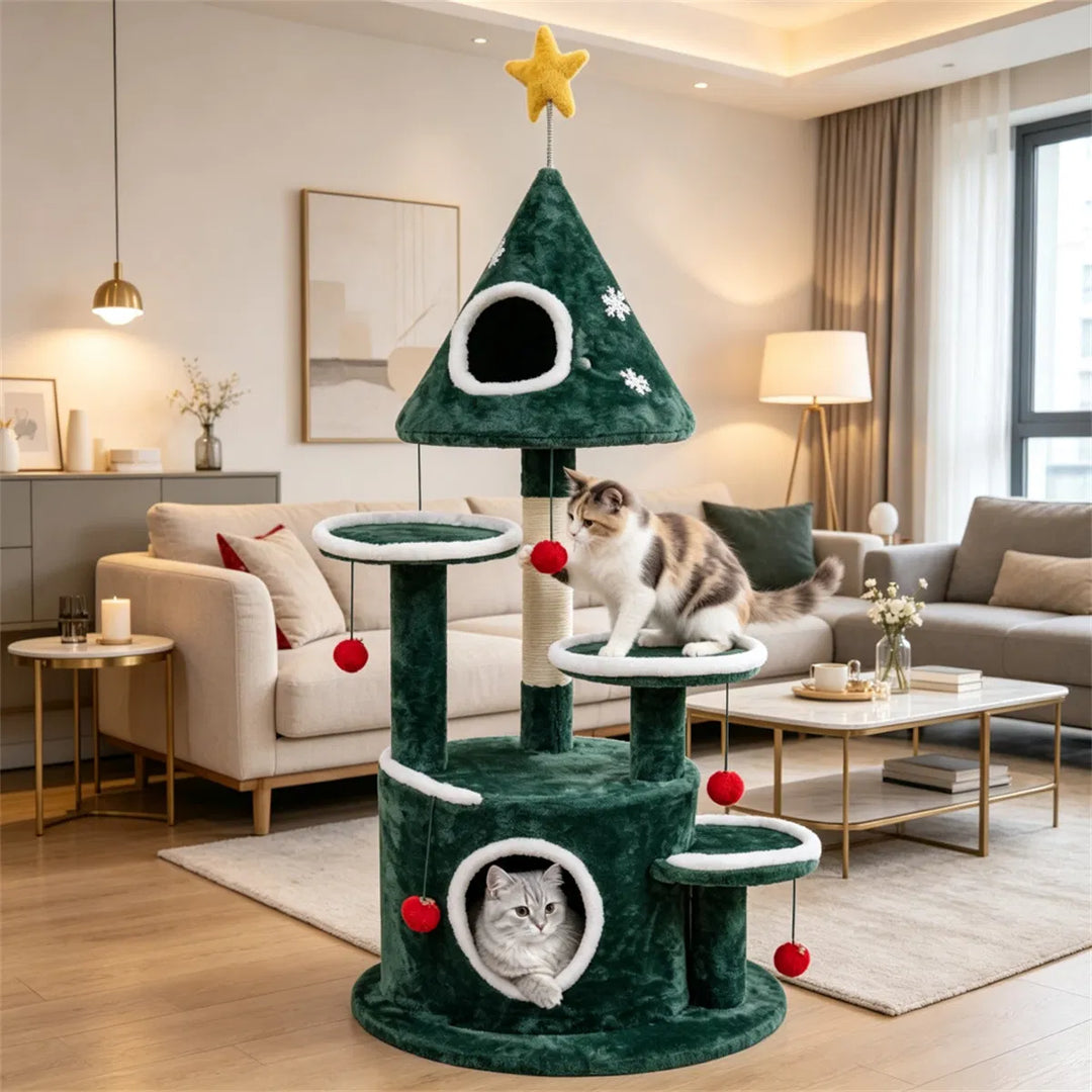 Festive cat tree with bell ball toys