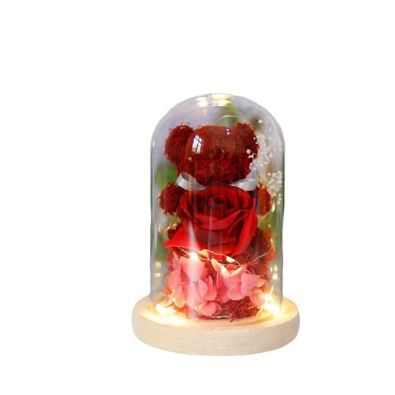 Eternal Preserved Rose Lamp With Teddy Bear And LED Lights