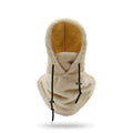 Woman wearing beige plush hood with scarf