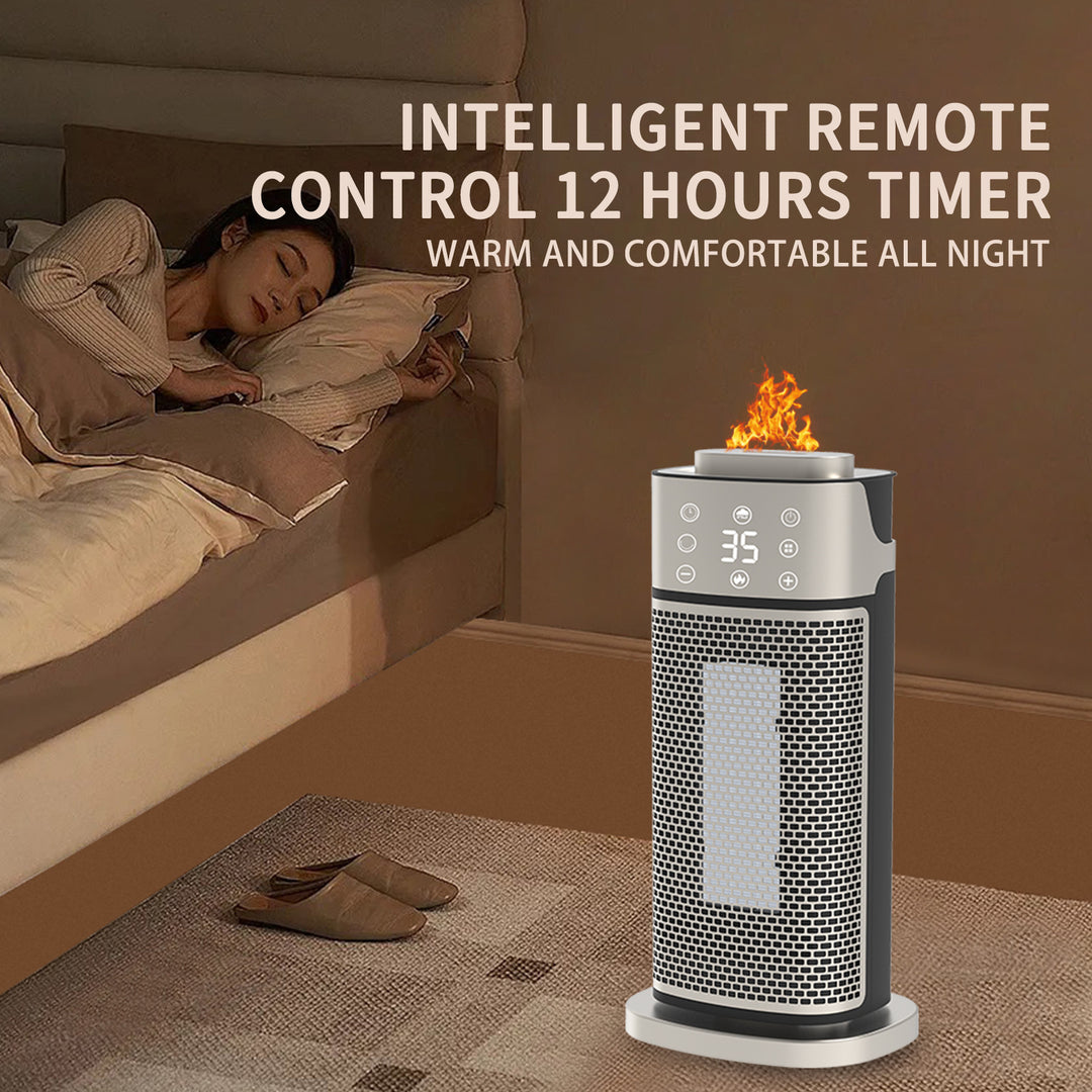 Silver tower heater with flame-effect humidifier