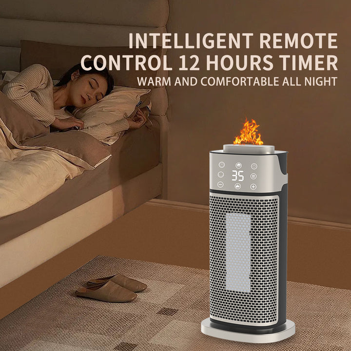Silver tower heater with flame-effect humidifier