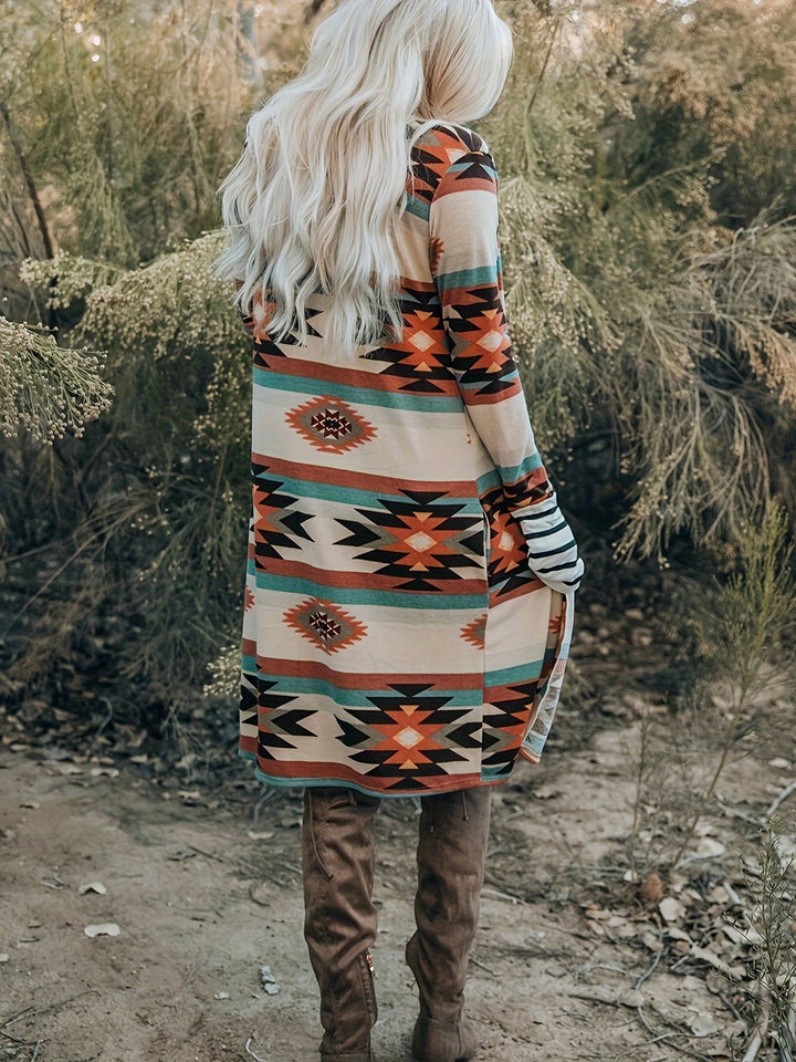 Woman in long colour block open cardigan